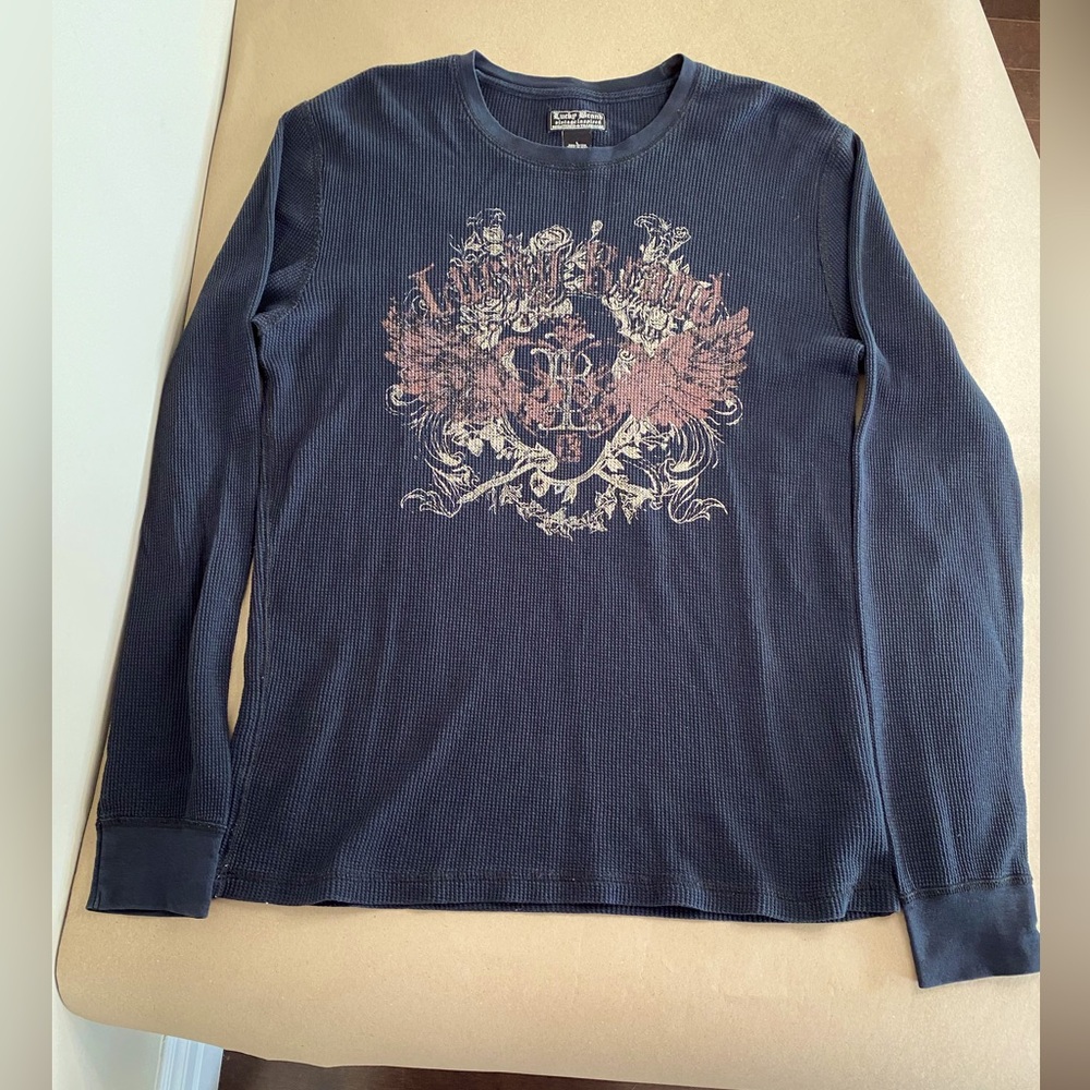 Lucky Brand Men’s Large Black Long Sleeve Waffle Knit Top Shirt Logo on Front
